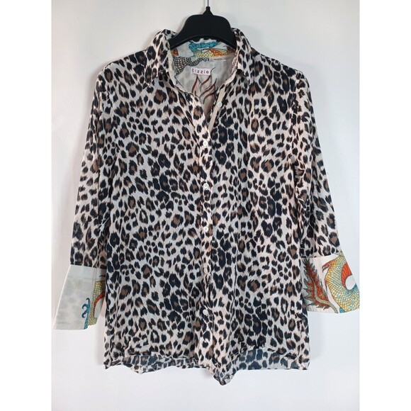 Tizzie Shirt Womens Large Animal Print Leopard Asian Dragon Cuff Artsy Eclectic - Picture 2 of 5